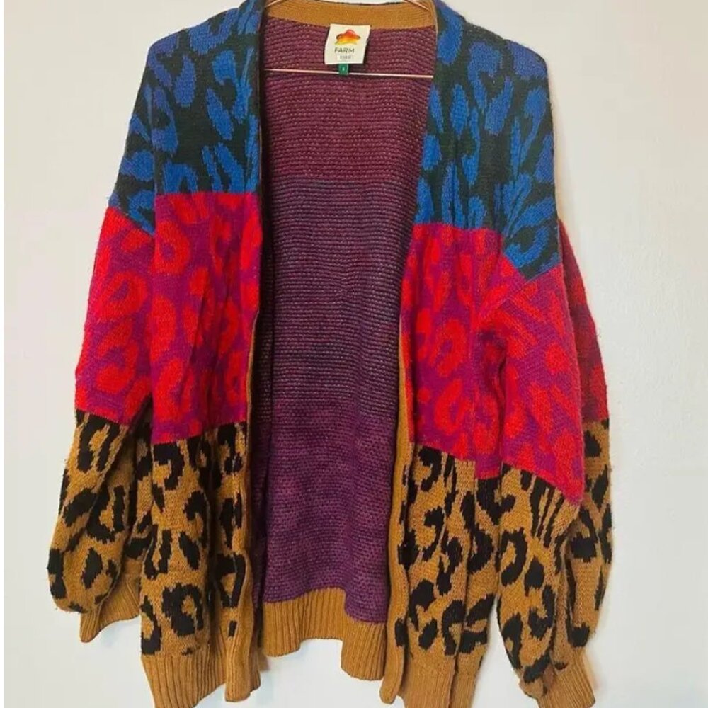 FARM RIO Mixed Print Ikat Dyed Leopard Print Balloon Sleeve Cardigan S $195 NWT - Picture 6 of 6